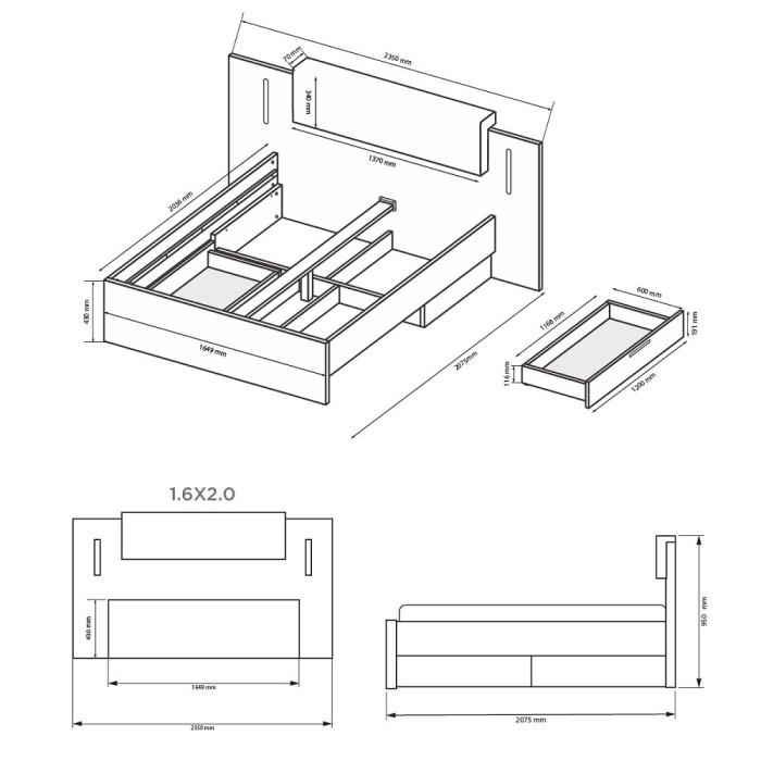 Ліжко з ящиками для білизни 1,6х2,0 Доні / Doni MiroMark DN-36-GT